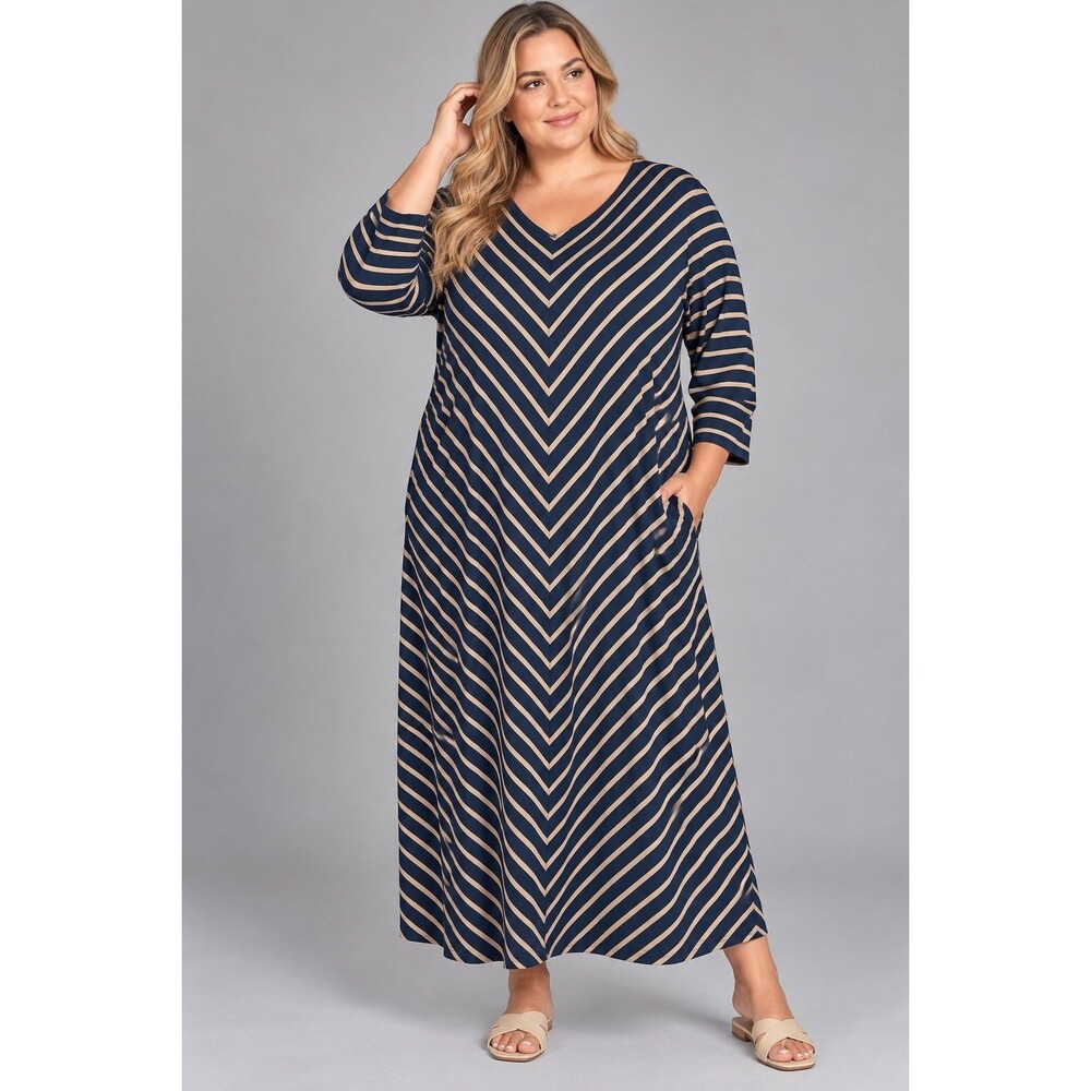 J. Jill Navy Caramel Chevron Striped Long Sleeve Midi Swing Dress XL Tall $109